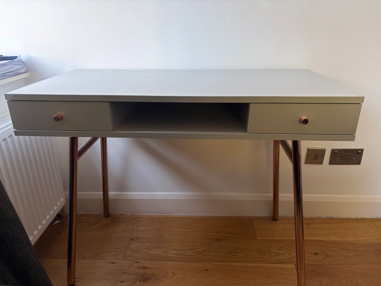Grey Desk with Copper Legs and Drawers – Good Condition