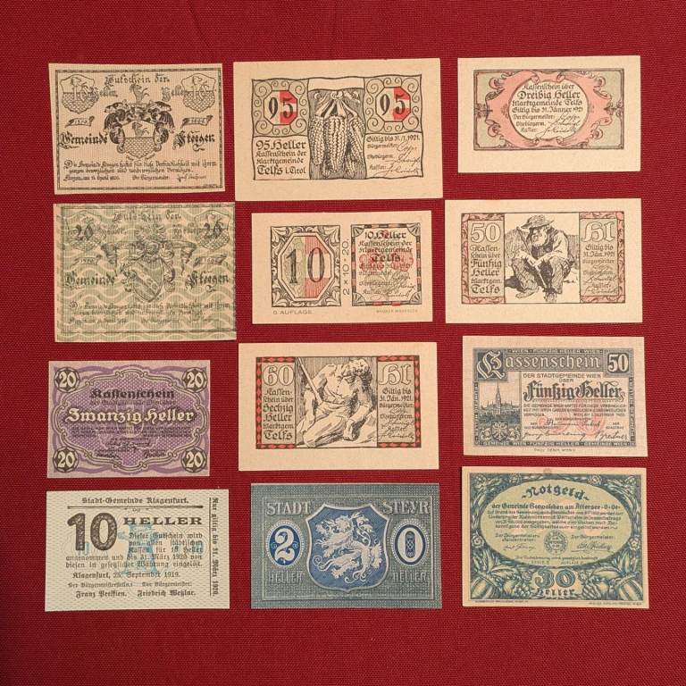♥NEW♥ 12x 100-year old Austrian emergency Gutschein paper money (see other ads for coins) #1