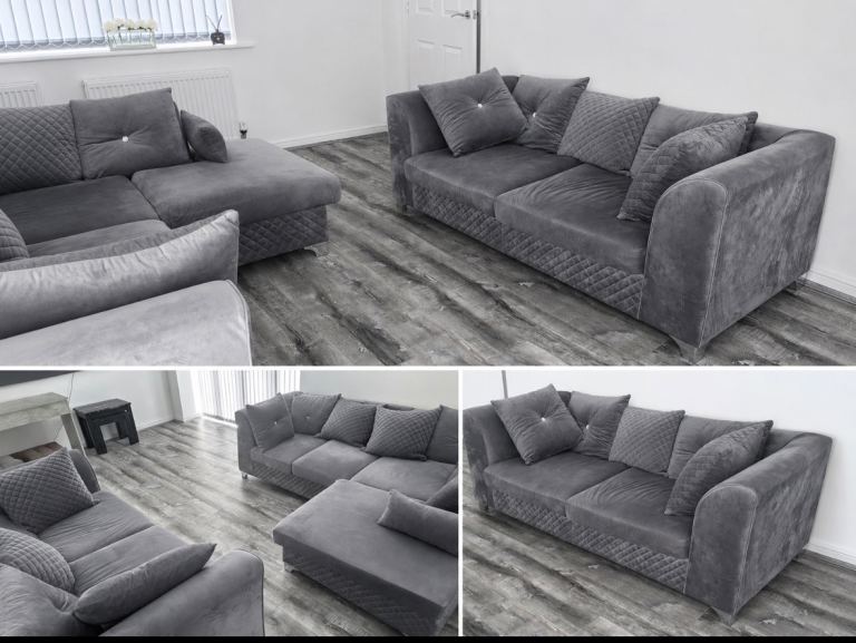Grey plush velvet sofa set for sale