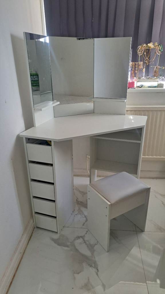 White Corner Dressing Table with Mirror and Stool