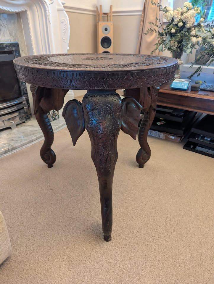 Beautifully Carved Wooden Indian Table with Elephant Legs antique vintage