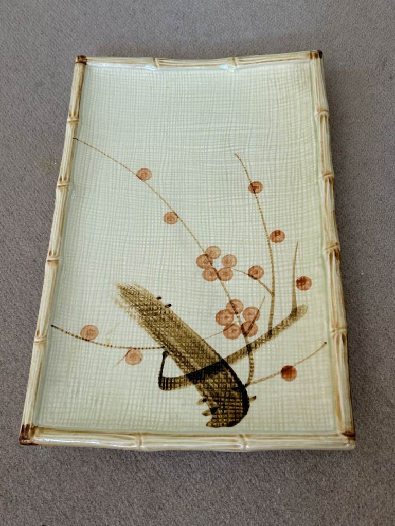 Vintage Japanese Ceramic Decorative Tray Platter, Bamboo style edge Hand-Painted Berry Branch Design