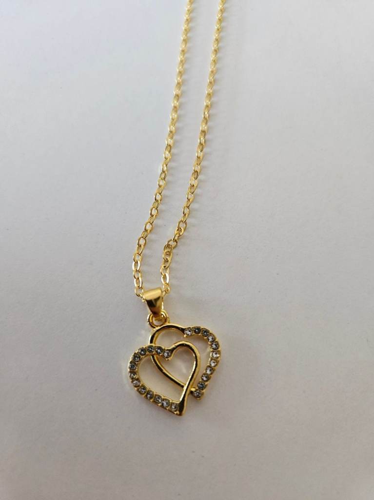 New Gold Plated Double Heart Necklace with Rhinestones