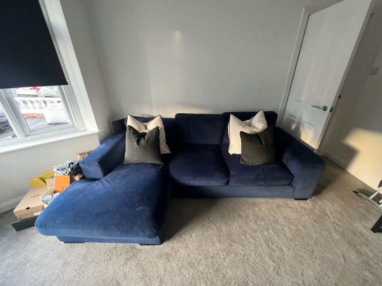 Navy velvet L shaped sofa (hardly used) 