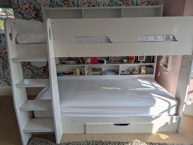White Bunk Bed with shelving and underbed drawer – Good Condition