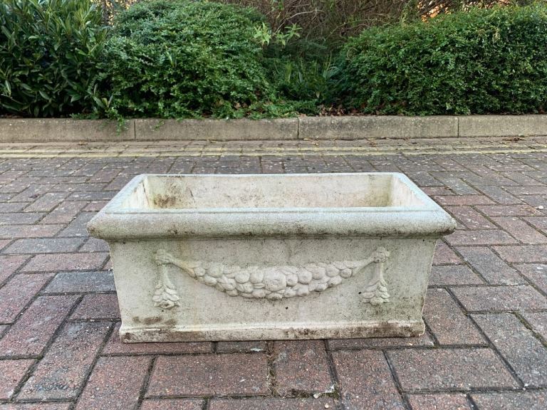 Beautiful Vintage Floral Swag Relief Concrete Rectangular Garden Planter Trough