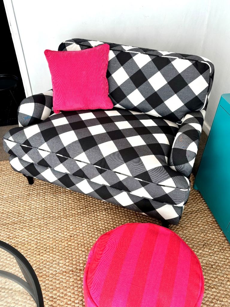 Unused / Immaculate Gingham Snuggle Chair (Or Loveseat) & Pink Pouffe From Dunelm