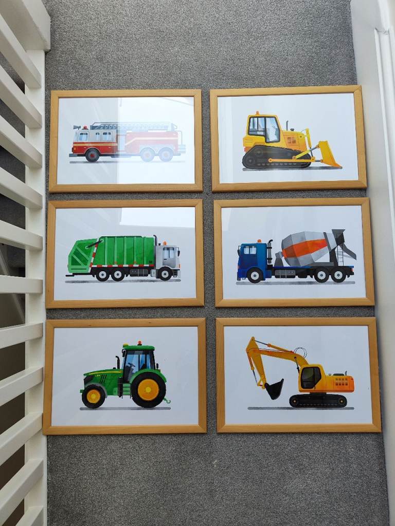Set of 6 wood-framed vehicle art prints for child's room