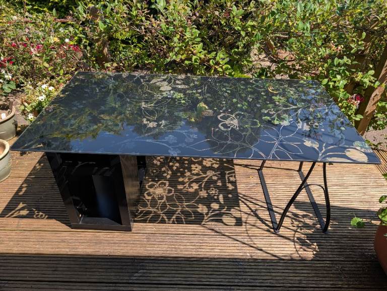 Floral Patterned Glass toped IKEA desk and shelf unit