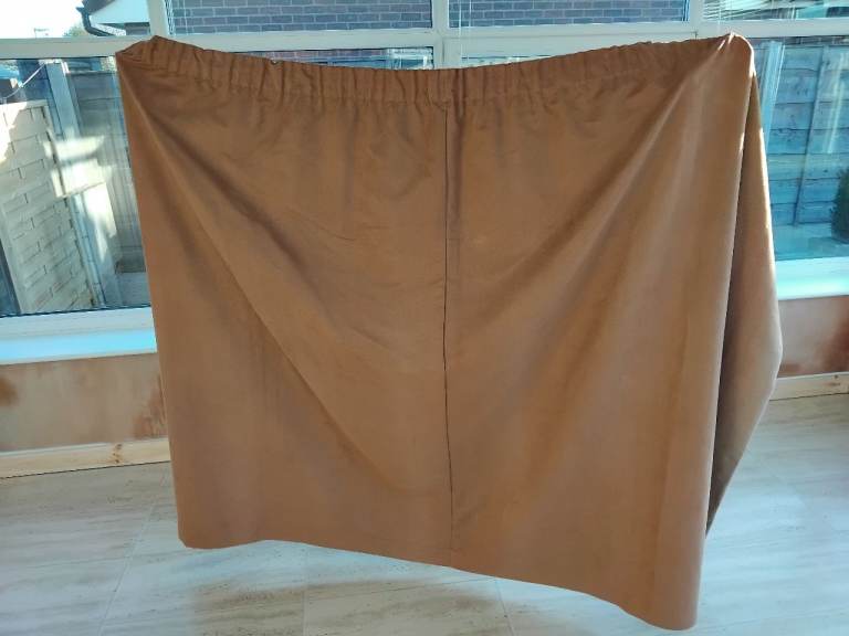 Pair of mid-brown suedette curtains. 