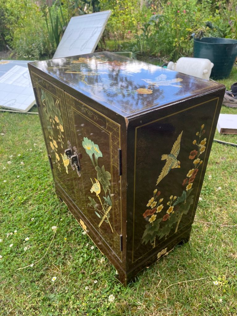 Vintage Oriental Style Cabinet with Bird and Flower Art