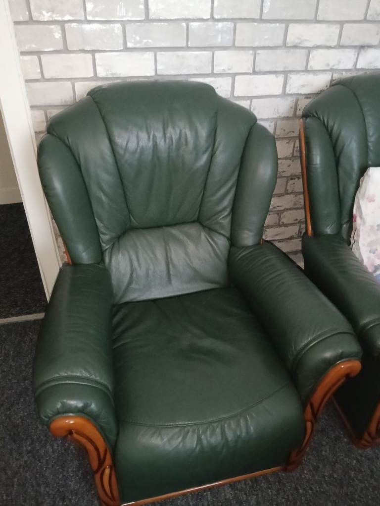 Green Leather Sofa and Armchair Suite – Good Condition
