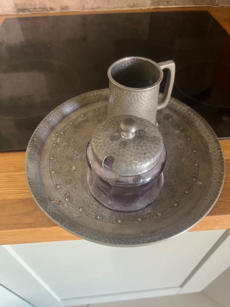 Vintage Old English Pewter Hammered Tray Jug & Lidded Pot Set