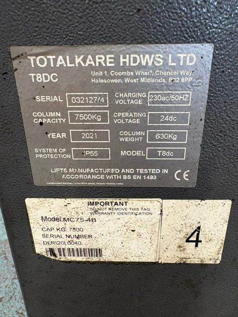 Totalkare T8DC 7.5T Mobile Column Lifts – 4 Column Set – 2021 for ...