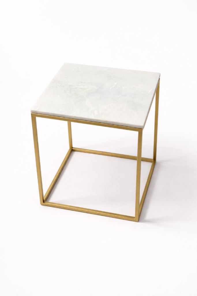 Square side table / exhibition stool  white stone golden legs 35x35x47 two available