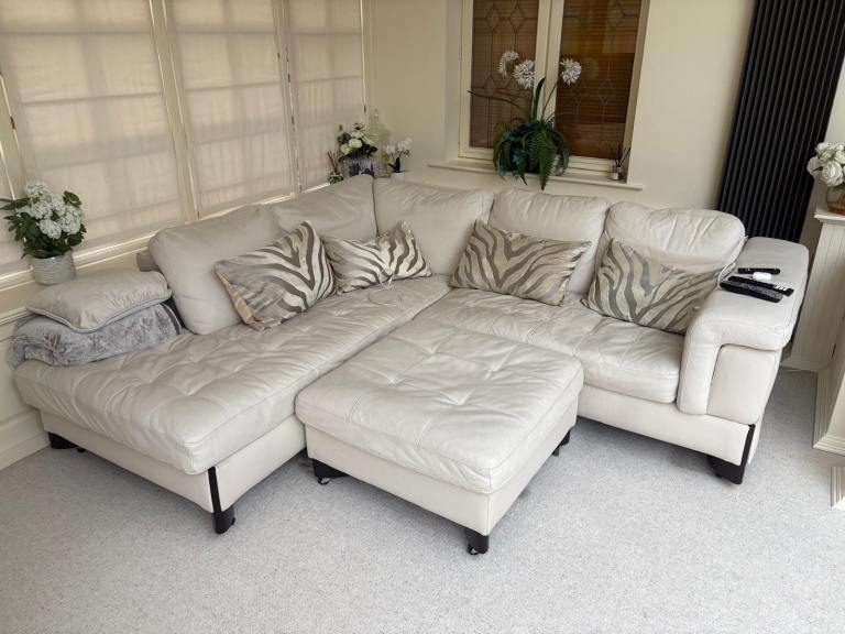 DFS Real Leather Corner Sofa with Footstool – Appleton