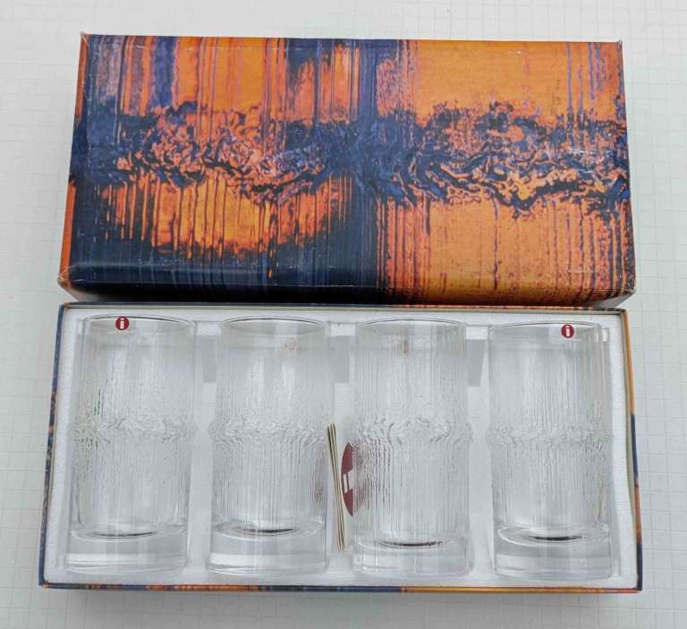 Set of 4 x Vintage Tapio Wirkkala Littala Niva glasses, Finland, in original box