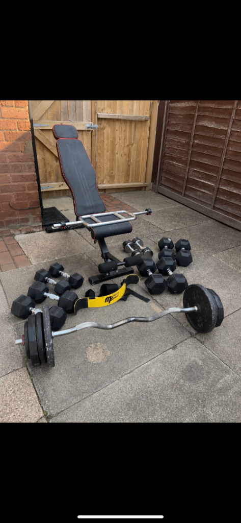 Bench, Dumbells, EZ Bar, Plates, Tricep Bar, Arm Blaster