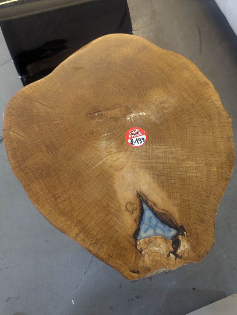 Unique Live Edge Wood Coffee Table with Geometric Metal Base and Resin Inlay  