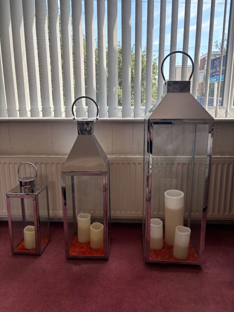 Set of 3 Silver Lanterns with LED Candles – Good Condition