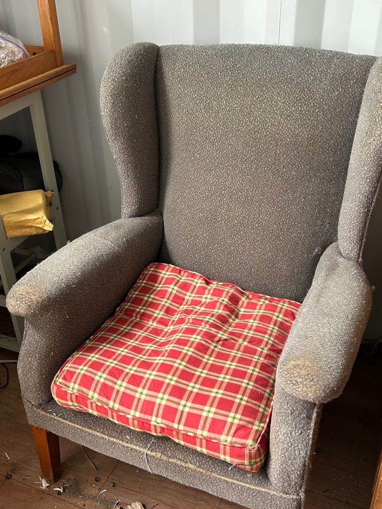 Wingback Armchair – Grey Fabric, Fair Condition