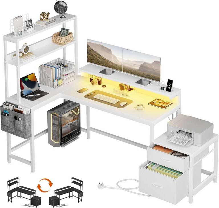 Brand-New Corner L-Shaped Gaming/Office Desk-Power Outlets, Drawers, Storage Shelves & RGB Lights 
