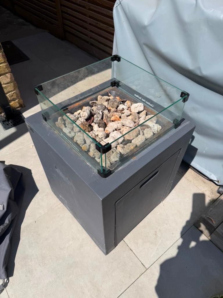 Modern Grey Outdoor Fire Pit with Glass Wind Guard