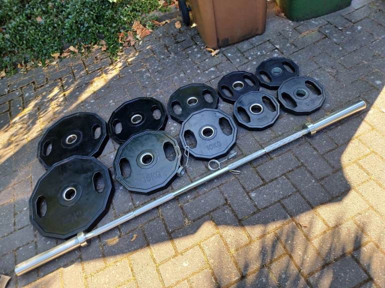 OLYMPIC RUBBER HEX WEIGHTS PLATES SET WITH 6FT BARBELL & COLLARS 