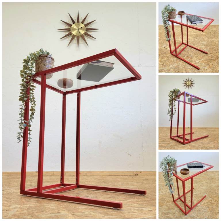 Retro/Mid Century Style IKEA Vittsjö Side/Plant/Laptop Table - Red Metal & Glass Top