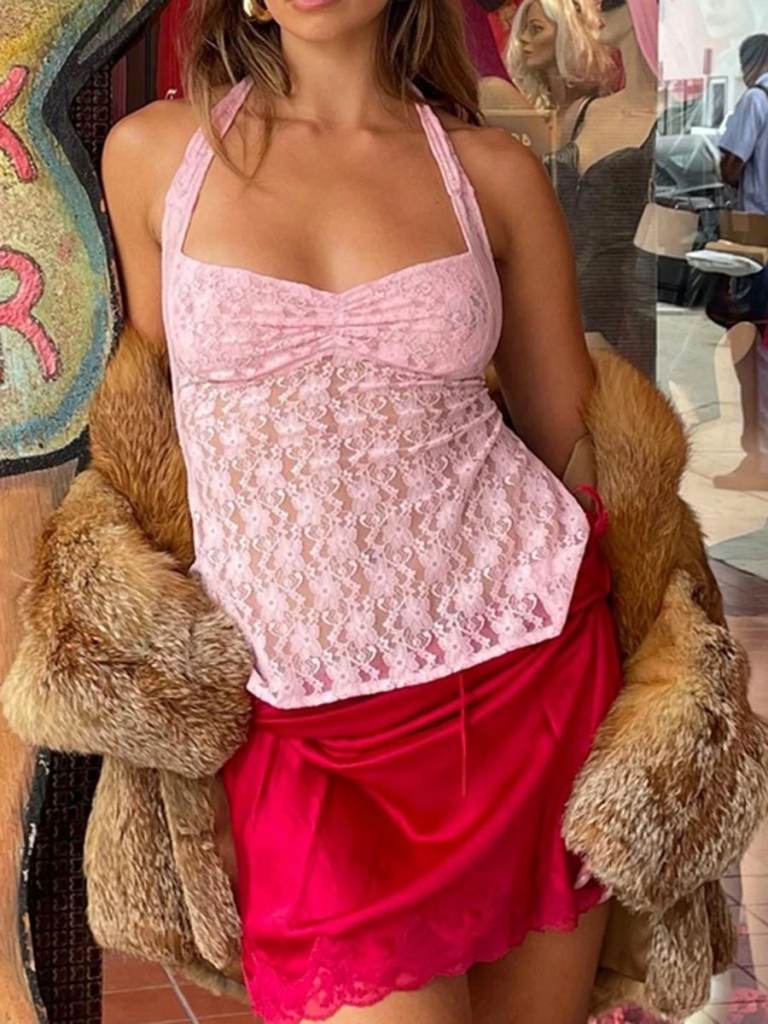 Women Y2K Lace Halter Crop Top Sexy Backless Floral Mesh Tank Women's Summer Streetwear Light Pink
