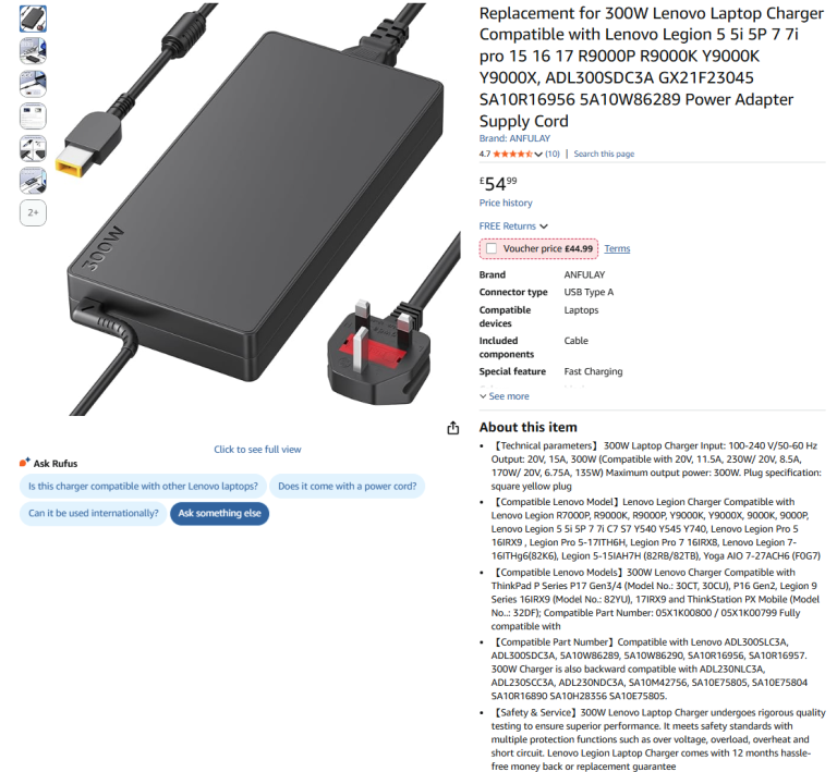 image for Replacement for 300W Lenovo Laptop Charger Compatible with Lenovo Legion|| Brand new 50% off price 