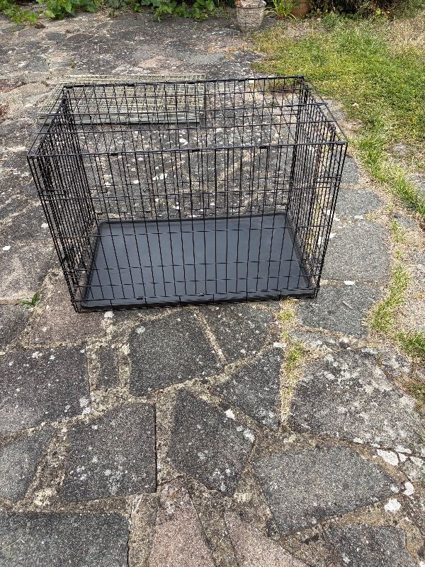 Black metal dog crate with plastic tray