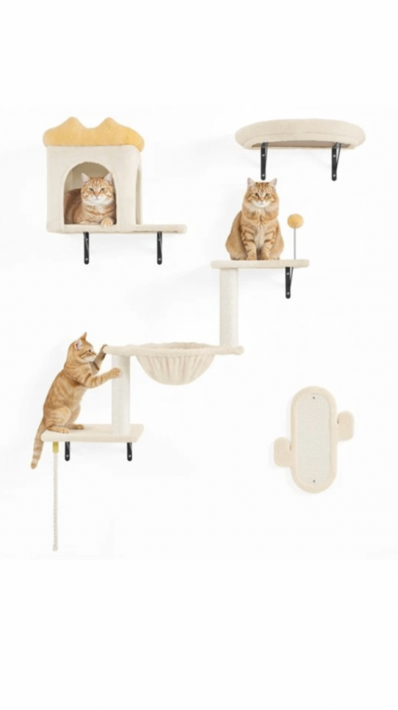 Cat Wall Shelves & Perches, Wall-Mounted Cat Climbing Tree Set with Condos ~ Beige ~ Plus Free Bed