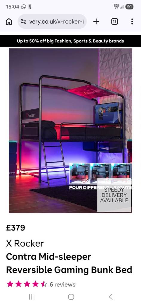 X Rocker Contra Mid-sleeper Reversible Gaming Bunk Bed – Brand New