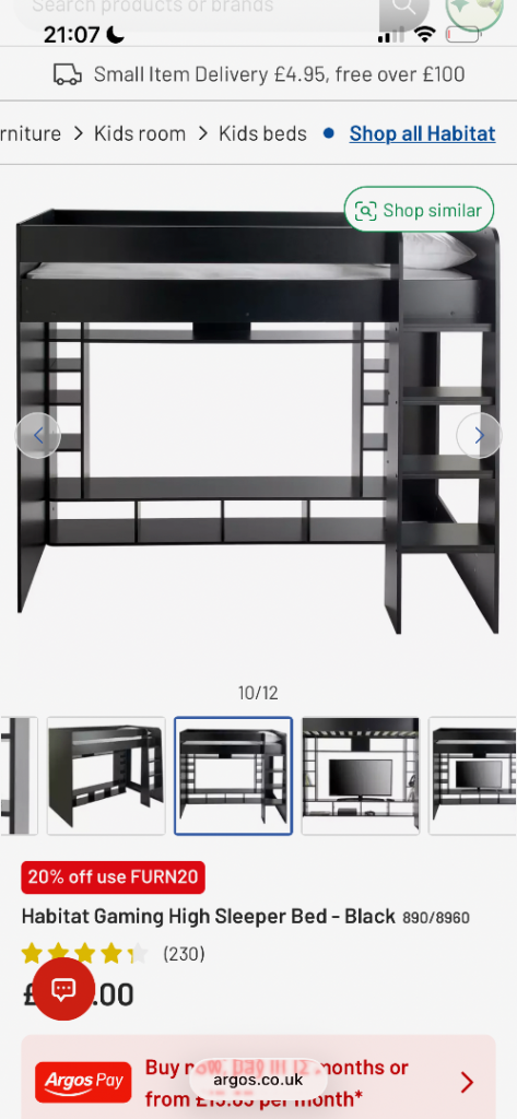 Habitat Gaming High Sleeper Bed – Black, Like New