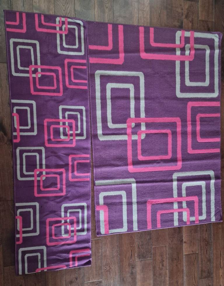 Two matching purple/grey rugs
