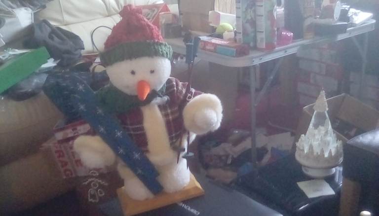 Festive Snowman Decoration with Skis – Good Condition