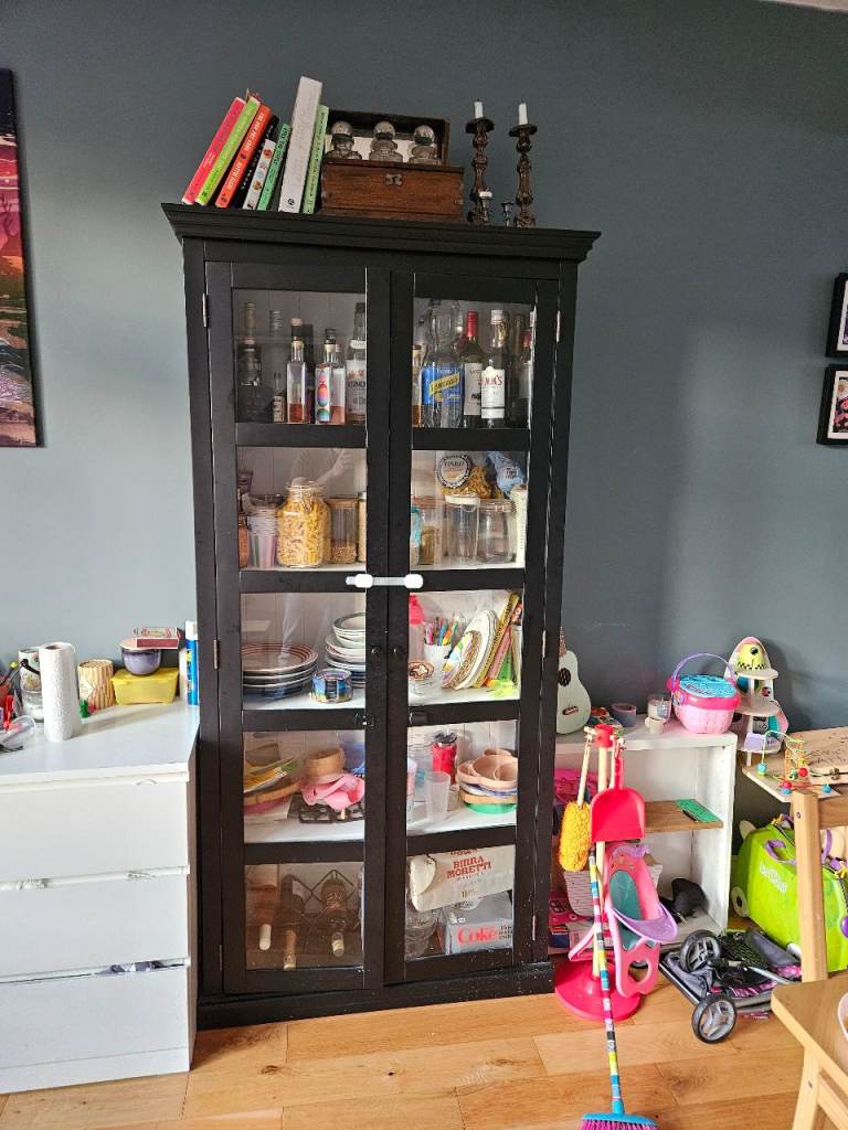 Black Display Cabinet / Tall Bookcase with Glass Doors