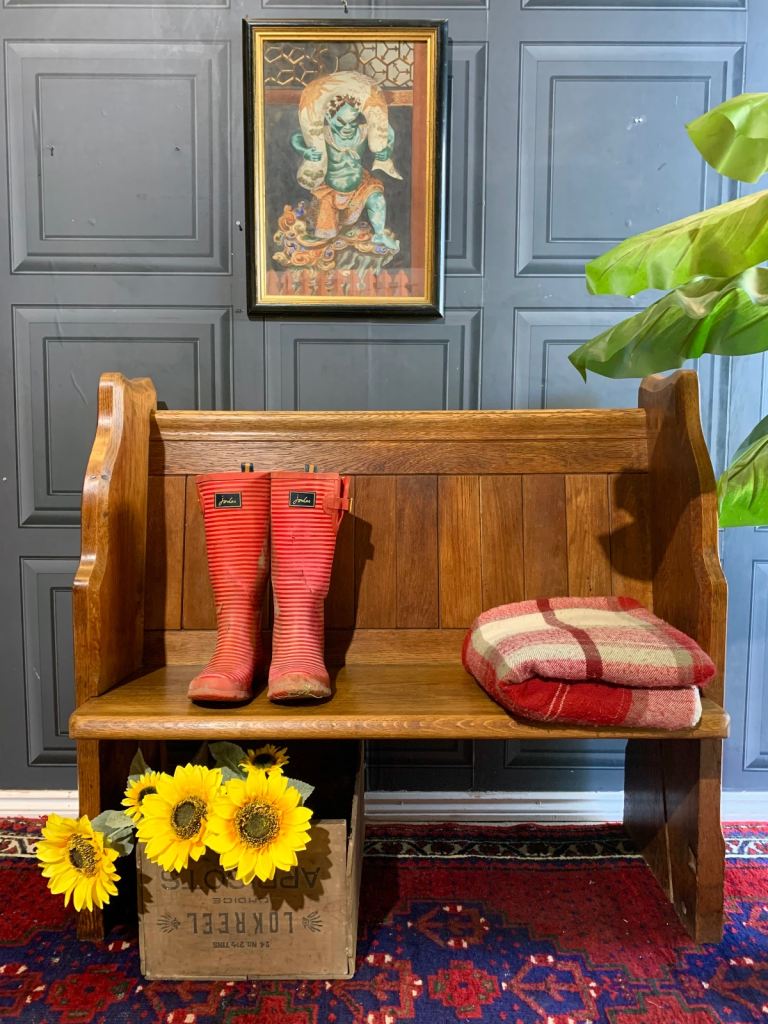 image for SOLD Victorian Solid Oak Church Pew Gothic Settle Bench Seat c1880.