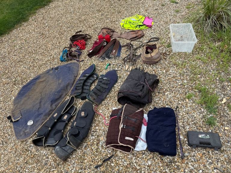 Horse tack, rugs, bandages, traveling boots etc (assortment)