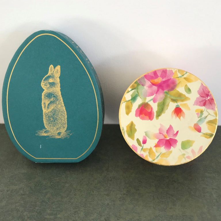 Gift boxes: Rococo Chocolates egg-shaped Easter rabbit & floral, pre-used. £2.50 both