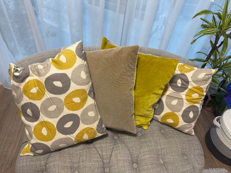 Set of 4 Decorative Cushions – Grey, Yellow/green & Mixed pattern, Good Condition
