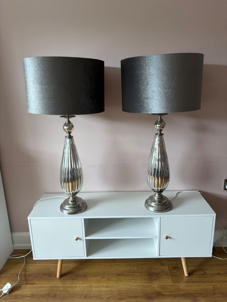 Pair of Silver Table Lamps with Grey Shades – Like new Condition