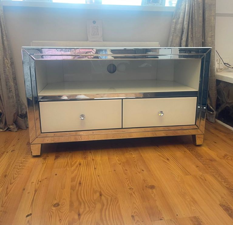 Mirrored TV Unit Stand with Drawers – White, Good Condition