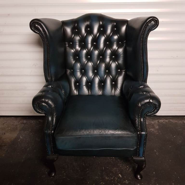 Beautiful Blue Leather Chesterfield Winged arm chair QUEEN ANNE -GREAT CONDITION