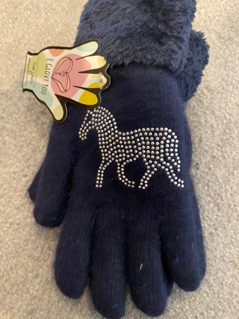 Brand New Navy Blue Thick Gloves with Silver-Studded Horse 