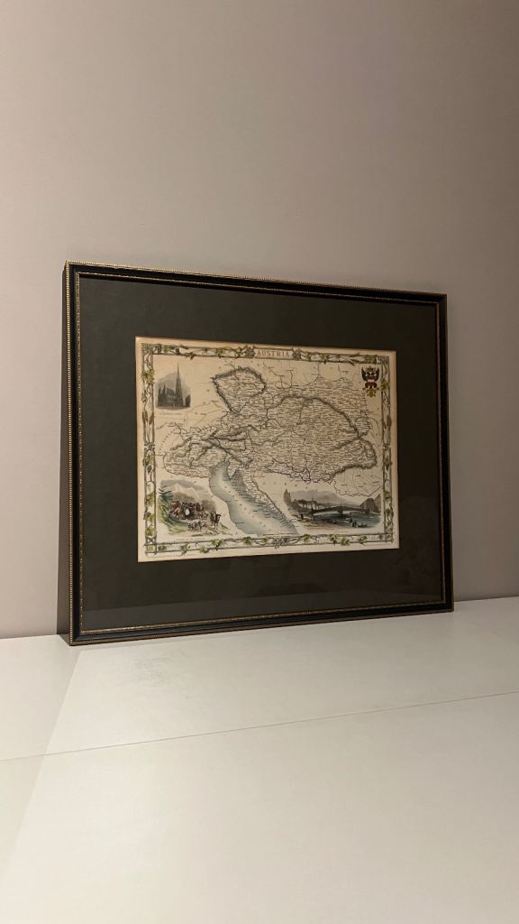 Antique Hand Coloured Austria Picture Map by J. Rapkin 1851, Framed Vintage Wall Art