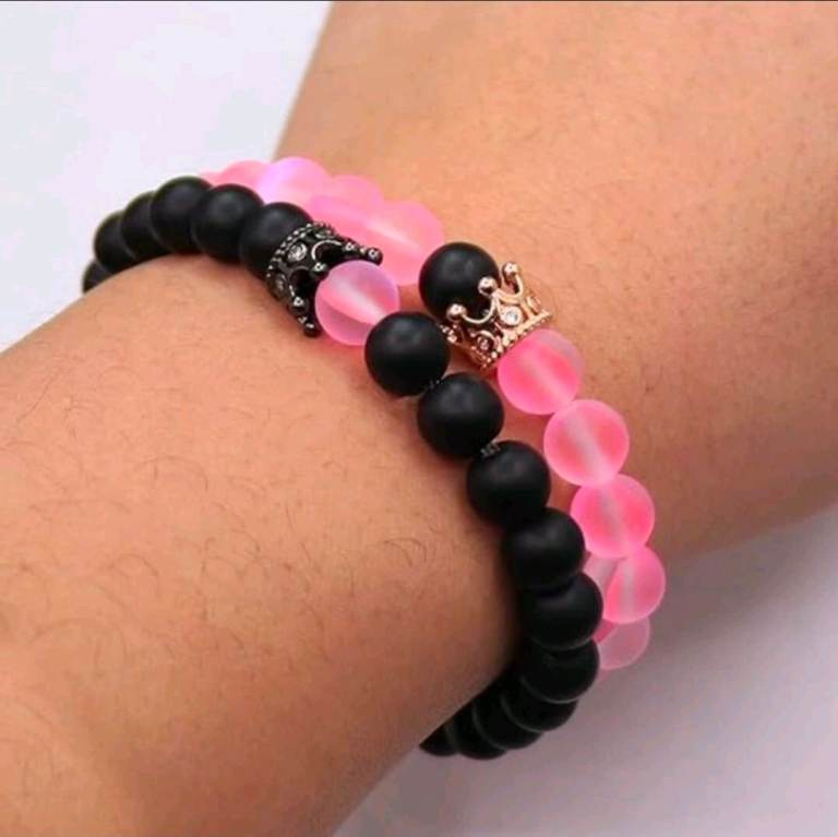 Couple King and Queen Crown Bracelets, BLACK AGATE&PINK with Gold&Black Crown
