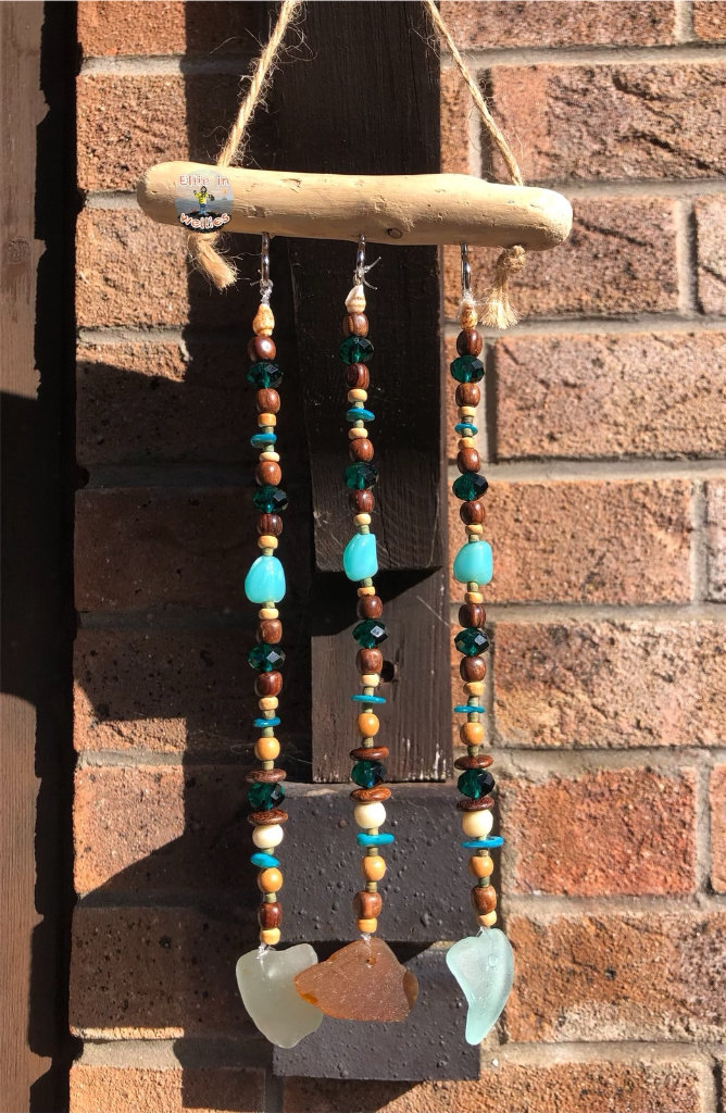 Driftwood, sea glass & bead hanging decor