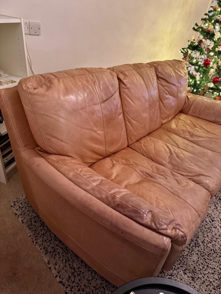 Now SOLD 3 seater tan leather couch and ottoman / pouffe 